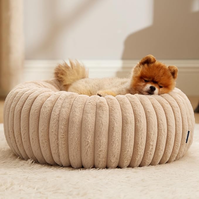 Bedsure ComfyFleece™ Donut Small Dog Bed with Removable Washable Cover | 23x23x7in, Calming Round Cat Beds for Indoor Cats, Support Plush Puppy Bed, Corduroy Fleece,Anti Slip Bottom,Sandy Beige - Image 7