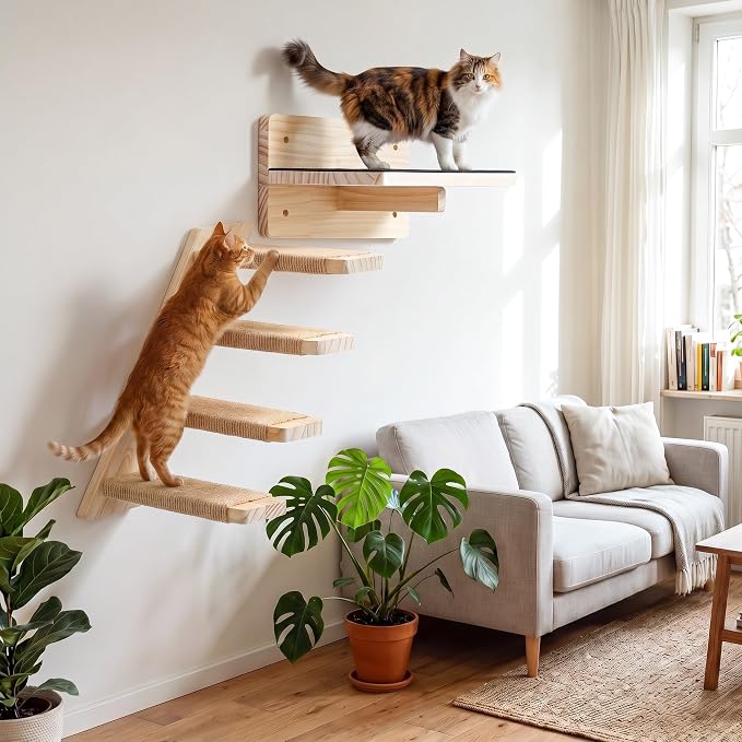 Nuanchu 2 Pack Cat Wall Shelves Stairs Steps Ladder with Hemp Rope | Cat Wall Mount Furniture, Kitten Wood Perch,Climbing System, 4 Step, Corner Shelf, Scratching, Fit Small to Medium Sized Pet - Image 4