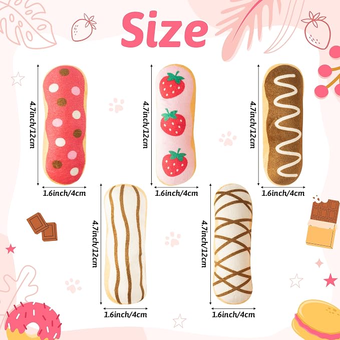 MALLMALL6 Eclair Catnip Toys for Cat - 5Pcs Chocolate Strawberry Dessert Catmint Interactive Toy Gift for Indoor Kitty, Biting Chew Kick Cats Supplies, Soft French Pastry Pet Present for Kitten Lover - Image 2