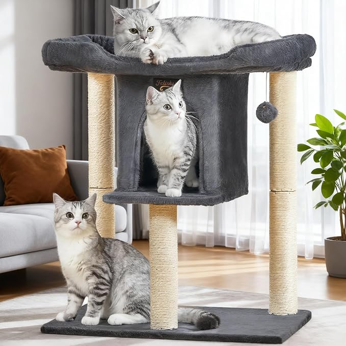 Cat Tree Tower Scratching Post for Indoor Large Adult Cats with Perch Bed | 28in Tall Small Cat Trees House with Big Perch, Condo, Toy Balls, Modern Kitten Climbing Furniture Platform, Dark Gray by FeliskynCatTreeTower