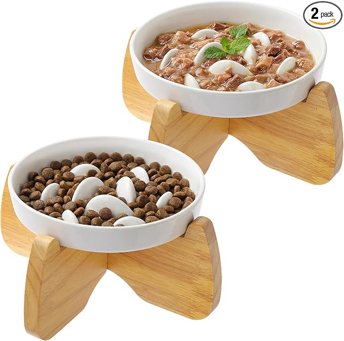 Raised Slow Feeder Cat Bowl with Stand, 6.3'' Wide Ceramic Elevated Shallow Slow Eating Cat Bowl for Dry/Wet Food, Anti-Vomiting Pet Puzzle Feeder, Whisker Friendly, Dishwasher Safe (2 Pack) | Anti-Gulping & Keep Fit, Dishwasher Safe, For Dry and Wet F... by GUWINA