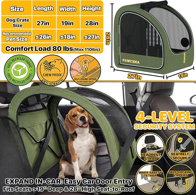 PAWZIDEA Portable Dog Crate for Car Travel, Medium & Large Dogs Up to 80lbs | Soft-Sided Dog Car Kennel for Backseat, Secures Seatbelt & Headrest Strap, Collapsible Enclosed Car Seat Carrier, Chew-Proof - Image 2