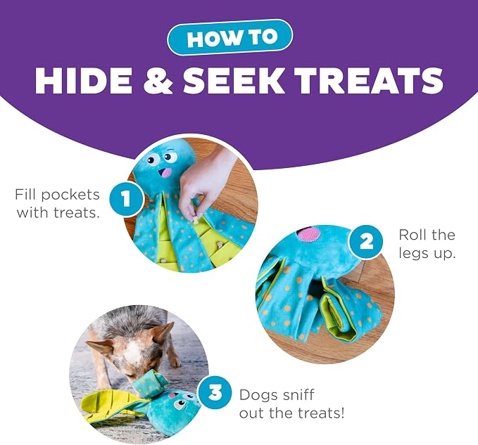 Outward Hound Nina Ottosson Silly Legz Octopus Dog Toy Treat Puzzle, 13.8" | Roll-Up Legs, 15 Hidden Treat Pockets, Plush Floppy Body, Squeaker in Head, Interactive Snuffle & Seek, Dogs & Puppies - Image 4