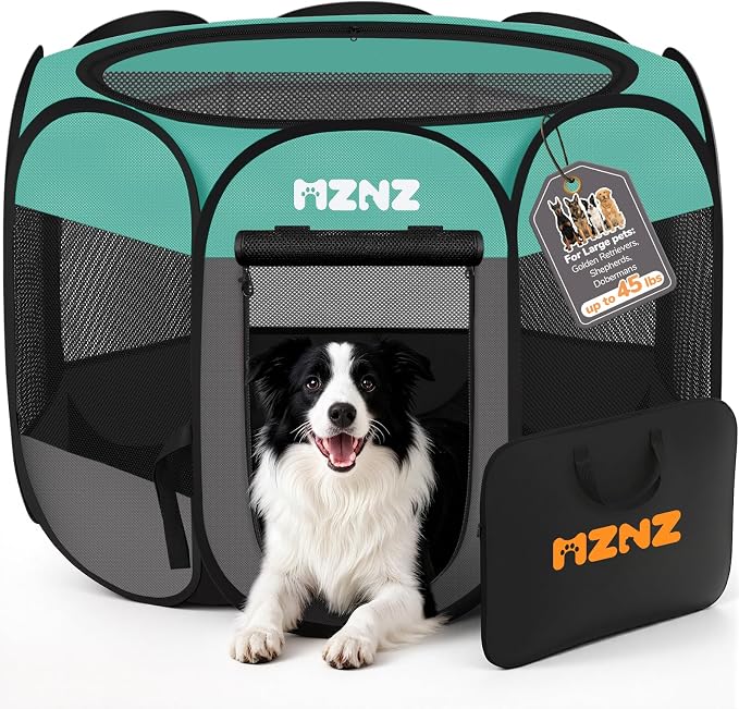 Dog Cat Small Animal Puppy Playpen Crate, Large, Blue | Portable Pop Up Pet Cage Enclosure Tent Kennel Indoor Outdoor with Carrying Case, No Assembly, Camping Use by MZNZ