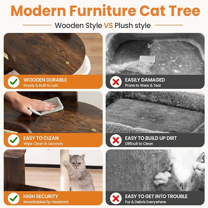 44.8in Modern Wood Cat Tree Tower for Indoor Large Cats with Perch | Multi-level Big Platforms, Sisal Scratching Posts, Cozy Hammock, Washable Pads, Ideal for Windows and Corners, Rustic Brown - Image 6