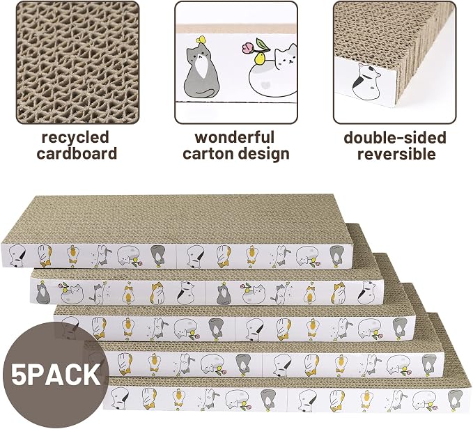 PatiencET Cardboard Cat Scratcher 5 Pack, Cat Scratching Board with Catnips | Flat Double-Sided Cat Scratch Pad for indoor Small Medium Cats Kittens - Image 3
