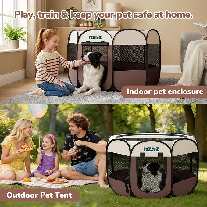 Dog Cat Small Animal Puppy Playpen Crate, Large, Brown | Portable Pop Up Pet Cage Enclosure Tent Kennel Indoor Outdoor with Carrying Case, No Assembly, Camping Use - Image 3