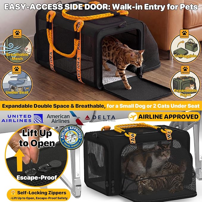 PAWZIDEA Expandable Pet Carrier for Small Cats & Dogs, TSA Airline Approved | 18"×11"×11" Soft-Sided Small Dog Travel Bag, Collapsible Top-Load Cat Carrier for 2 Cats Under Seat, Puppy Car Seat Up 15lbs - Image 3