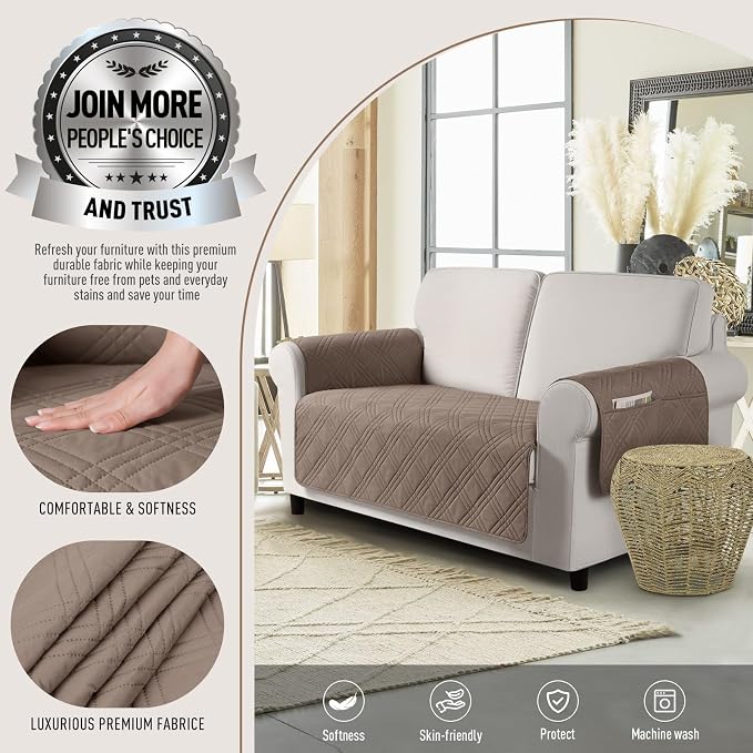 TAOCOCO Waterproof Loveseat Covers for Pets Dogs with Non Slip Backing, Sofa Seat Covers with Side Pocket for 2 Cushion Couch Washable Dog Couch Cover Protector Sofa Slipcovers(Loveseat, Taupe) | Washable Love Seat Covers with Arms for 2 Cushion Couch,... - Image 2