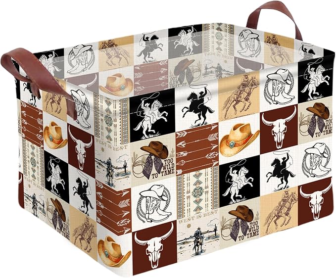 Western Cowboy Storage Basket Waterproof Canvas Toy Storage Bin Western Home Decor Collapsible Outdoor Basket with Leather Handles Western Decor Blanket Baskets For Closets,Bedrooms,Gifts Baskets by AmazerPad