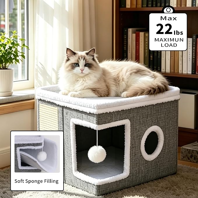 Foldable Cat Cave Bed for Indoor Cats, Cat Hideaway House with Hanging Fluffy Ball & Scratch Pad, Side with Toy Storage and Summer Cooling Mat, 16.14x16.14x12.2 Inches, Grey - Image 4