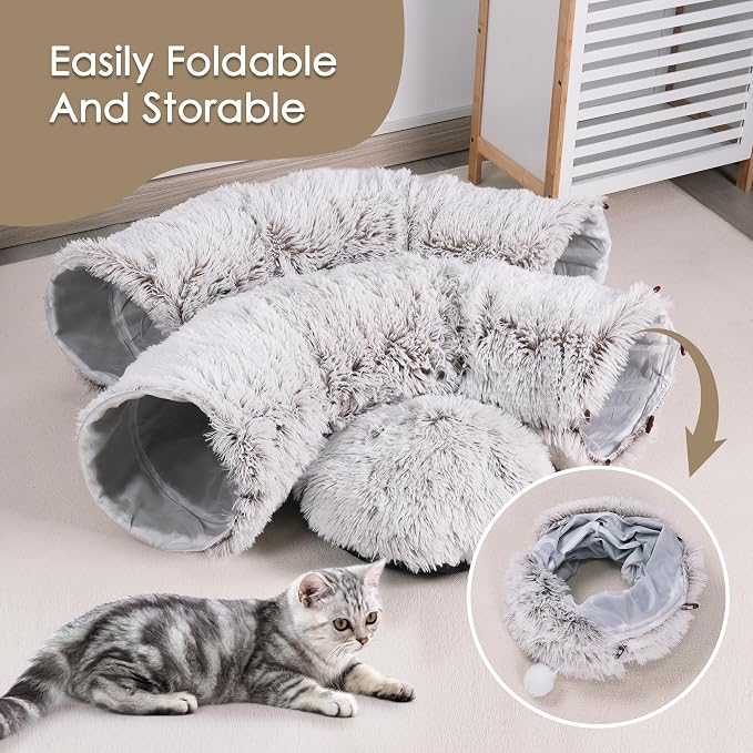 Peekaboo Cat Cave with Washable Mat, Collapsible Cat Play Tunnel for Kittens & Small Pets, Plush Cat Donut Bed Tunnel, Brown - Image 8