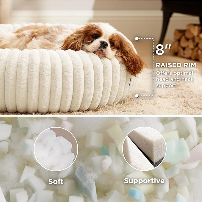 Bedsure ComfyFleece™ Donut Dog Bed Medium Size Dog with Washable Cover | 30x30x8in, Calming Round Pet Bed, Support Plush , with Removable Corduroy Fleece for Senior Dog,Anti Slip Bottom,Cream - Image 2