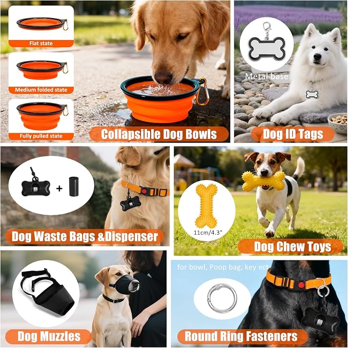 No Pull Dog Harness Adjustable Collar & Leash Set - Dog Halter Harnesses Collapsible Bowls & Poop Bag Dispenser Muzzle ID Tags Toys Fits Small Medium Large Dogs (Orange-XL) - Image 7