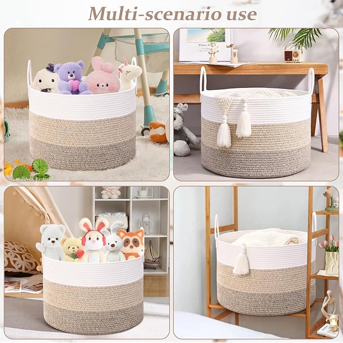 67L Large Woven Blanket Basket, Cotton Rope Baby Laundry Hamper with Handles, Kids Toy Basket for Classroom & Nursery, Soft Round Stuffed Animal Storage, Dog Toy Bin - 20"x13", Jute - Image 6