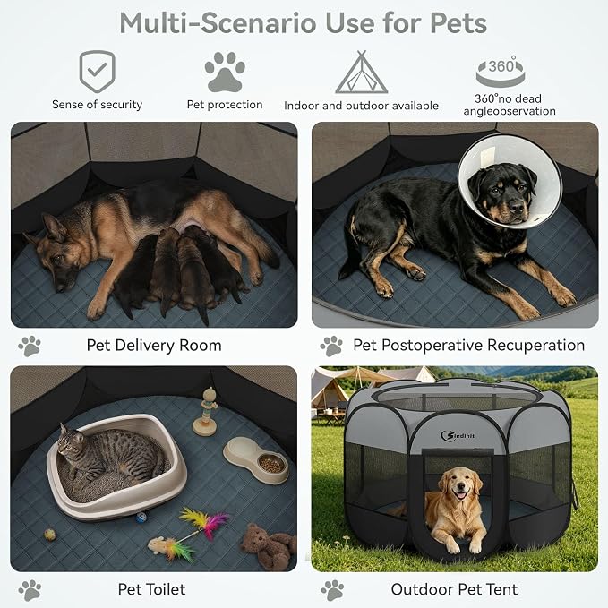 Siedihit Dog Playpen with Washable Pee Pad, Dogs Tent Crate Cage | Indoor/Outdoor, Portable Pop Up Dog Kennel with Carrying Bag for Rabbits (Dark Grey with Pad, Extra Large) - Image 3
