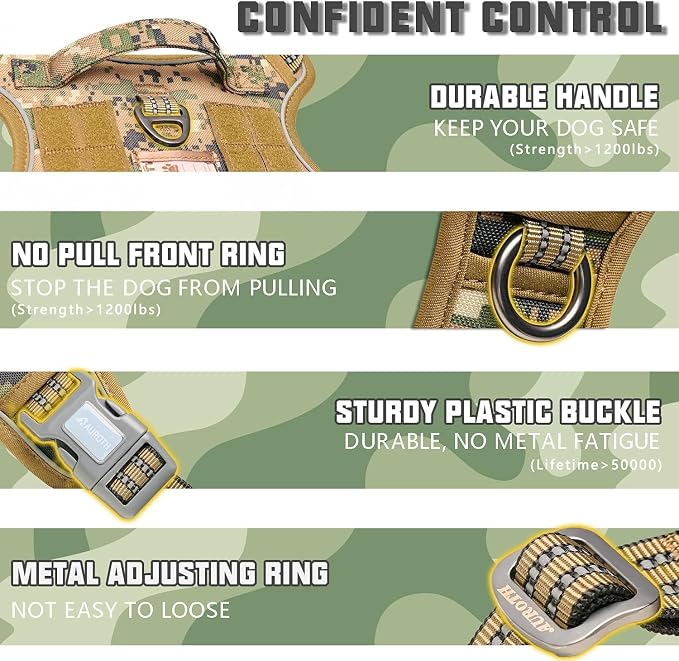 AUROTH Tactical Dog Harness for Extra Large Dogs, Heavy Duty No Pull Vest | Easy Control with Handle, Reflective, Military K9, No Choke, 2 Clips, for Walking Hunting Hiking Training, Woodland Camo, XXL - Image 4