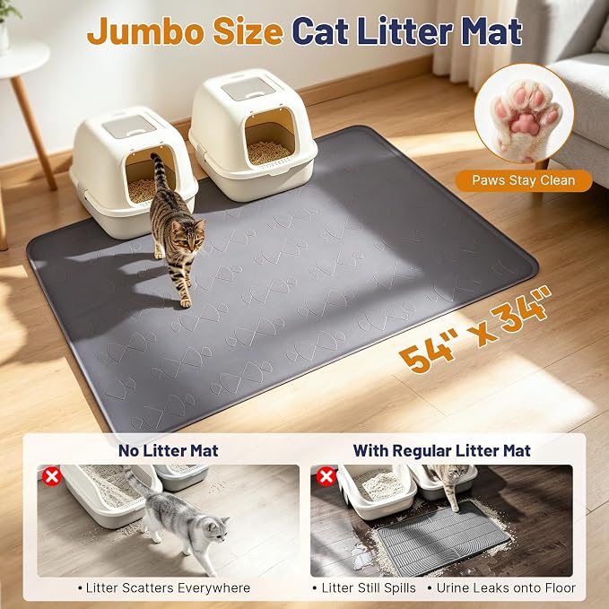 Cat Litter Mat, XL 54x34in Waterproof Silicone Litter Box Mat, Grey | XXL Cat Mat Fits 2-4 Litter Boxes, Litter Trapping Mat with Raised Edges, Non-Slip Bottom, Easy Clean Kitty Litter Mat - Image 2