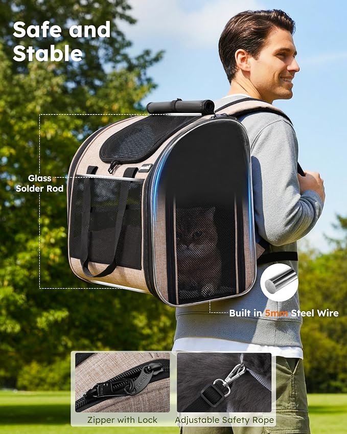 Pecute Cat Backpack with Widened Interior Space, Upgraded Dog Backpack Carrier with Various Ways to Carry, Pet Backpack with Breathable Mesh, Pet Travel Carrier with Soft Padded,Khaki | Breathable Mesh, Reinforced Support, Various Carry Ways, Ergonmic ... - Image 4