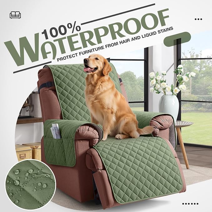 KinCam 100% Waterproof Recliner Chair Covers Washable, 23.6", Cactus Green | Anti Slip Reclining Couch Covers for Pets Dog, Recliner Sofa Slipcover Storage Pocket, Furniture Protector with Elastic Strap - Image 3