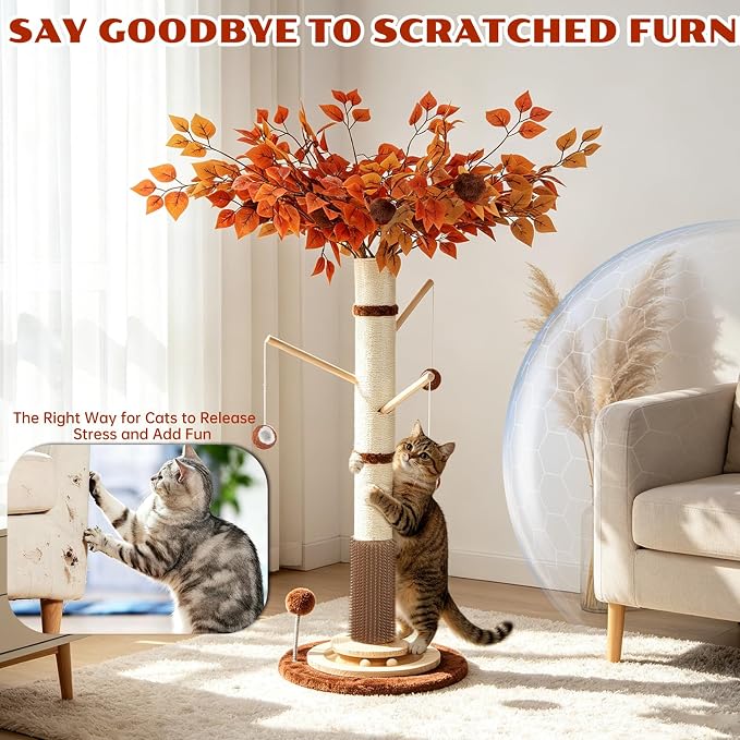 Cat Scratching Post, 46" Tall Scratcher Post for Indoor Adult Cats | Heavy Duty Scratching Post 100% Natural Sisal, Stable 3-Layer Wood Base, Hanging Ball and Track Toy for Indoor Adults Cats - Image 6