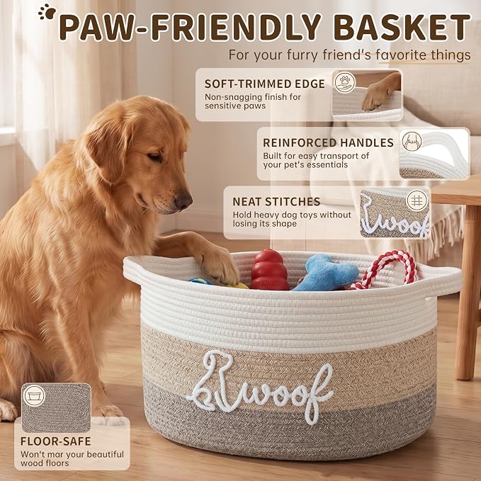 OIAHOMY 30L Large Dog Toy Basket, 17.8"×13"×10" Cotton Rope Basket with Cute Woof Embroidery, Soft Woven Pet Toy Box with Handles for Blankets, Leashes & Puppy Accessories, Decorative Organizer Brown - Image 4