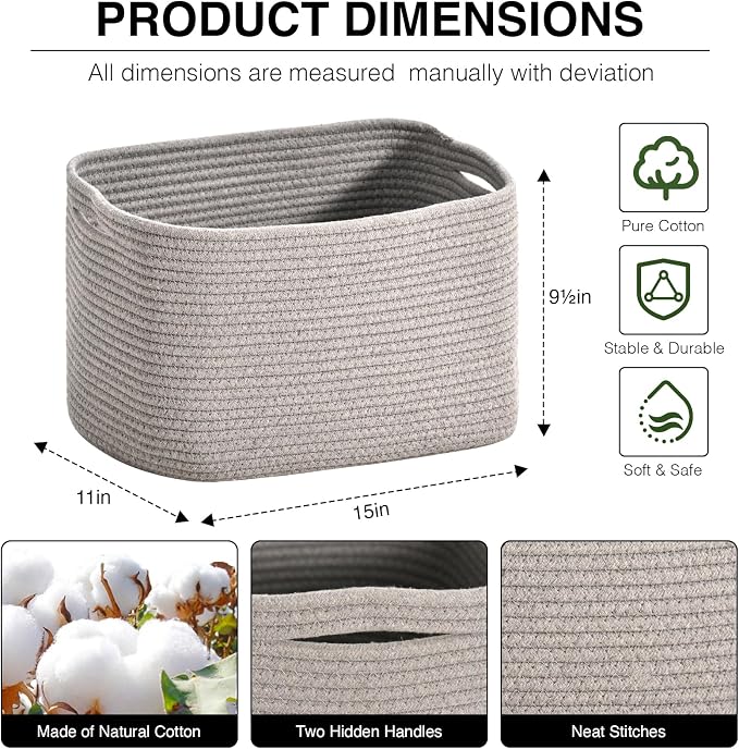 ICERZCZ Woven Cotton Rope Storage Basket for Organizing, Cute Decorative Baskets for Gifts Empty, Organizer Bins for Dog Toy, Baby Laundry, 15“×11”×9.5“, Light Grey - Image 2