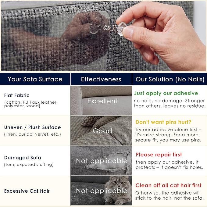 10PC & 30 PINS Sticks Securely Cat Scratch Furniture Protector-10 Pack Thicken Self-Adhesive Single Side Couch Protector from Cat Claws Scratching,Anti Scratch Deterren Protectors (10PC-30 PINS) - Image 3