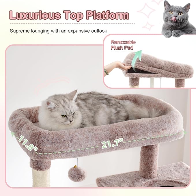 Heybly Cat Tree, 76-Inch Tall Heavy Duty Cat Tower for Big Cats HCT039MU | Multi-Level Large Cat Furniture with Extra Wide Baseboard, 2 Condos & 2 Hammocks, 10 Scratching Posts, Rosy Brown - Image 3