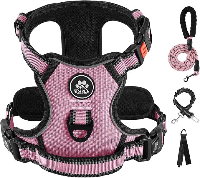 IVY&LANE No Pull Dog Harness for Medium Dogs, Dog Vest Harness with Leash, Safety Belt and Storage Strap, Fully Adjustable Harness, 360° Reflective Strip, Soft Handle (Pink, M) by IVYLANE