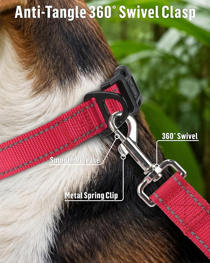 FunTags Reflective Nylon Dog Leash for Small & Medium Dogs, 6FT for Walks | Comfortable Padded Grip, Stay Safe at Night, 360° Anti-Tangle Swivel, for Dog Parks & Trails, Red - Image 4