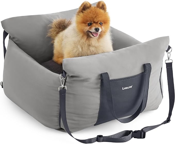 Lesure Small Dog Car Seat for Small Dogs - Soft Dog Booster Seat for Car with Storage Pocket and Clip-On Safety Leash and Thickened Memory Foam Filling, Pet Carseat Travel Carrier Bed, Grey - Image 8