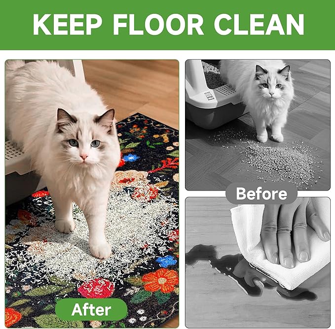 Cat Litter Mat, 35" x 23" Litter Box mat, Traps 100% Litter, Non-Slip Kitty Litter Trapping mats, Large Cute Litter mat, Easy Clean for Scatter Control, Bohe cat Food mat, Urine Waterproof - Image 3