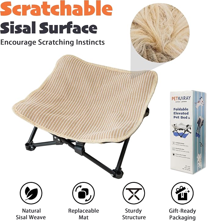 PETKARAY Foldable Cat Hammock Bed, Elevated Sisal Scratching Lounge with Metal Frame, Raised Cat Hammock Chair for Indoor Cats - Image 3