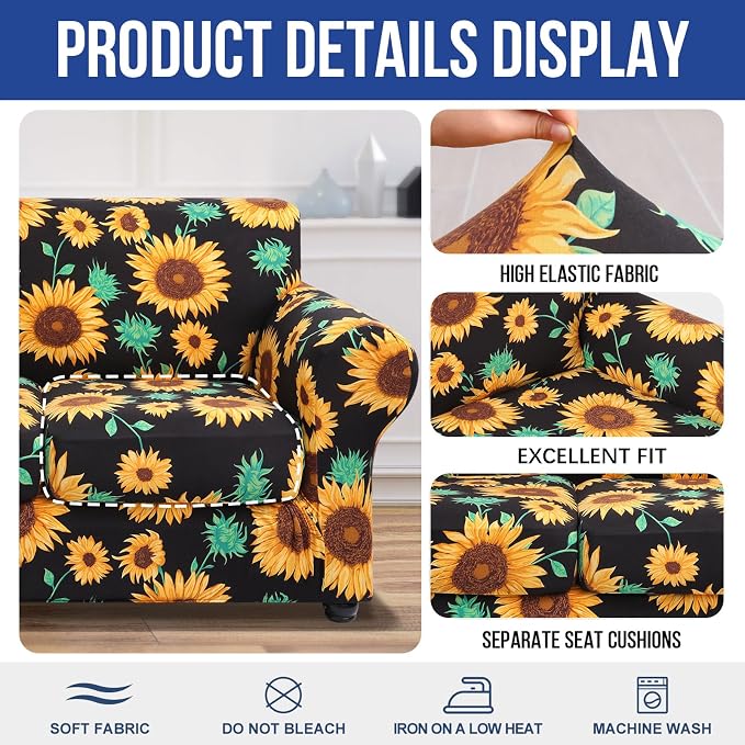 hyha Stretch Couch Covers, Sofa Cover for 3 Cushion Couch Pet Friendly | Floral Pattern, Printed, 4 Pieces, 3 Separate Cushion Sofa, Durable Anti-slip Washable Protector with Elastic Bottom for Dogs - Image 4