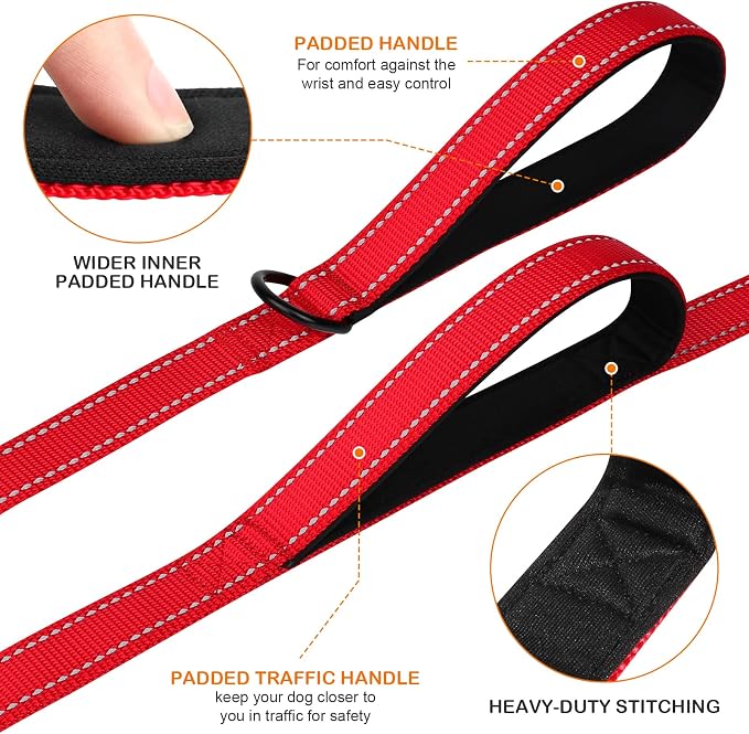 Joytale Dog Leash for Large Dogs that Pull, Double Handle, 5FT, Red | Traffic Handle for Control, Padded Handle Reduces Hand Strain, Reflective Stitching for Night Safety, Strong Nylon Webbing - Image 2