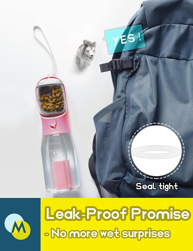 Portable Water Bottle for Dogs, 3 in 1 Pet Travel Bowl Dispenser with Food Treat Container & Poop Bag Holder, Summer Outdoor Walking Hiking Accessories for Large Dog On The Go - Pink, 20oz - Image 5