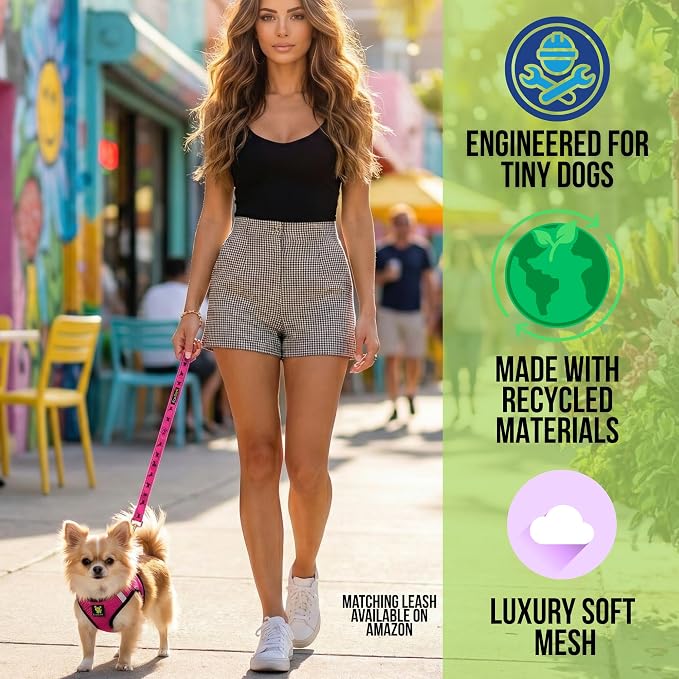 EcoBark Teacup Dog Harness, Soft Toy Breed Step in Vest Body Halter, XXXS | Tiny & Mini Puppy Harnesses for Under 5 lbs, Fuchsia Pink, No Choke & Breathable Mesh, Escape Proof & Recycled Strap - Image 2