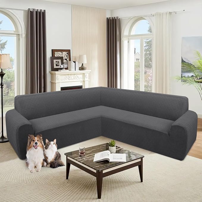 ALIECOM Corner Sectional Couch Covers Washable Sofa Cover L Shaped Couch Cover for Dogs Pets Stretch Soft Sectional Slipcovers with Non Slip Strips U Shape Furniture Protector (Charcoal Grey, Medium) - Image 2