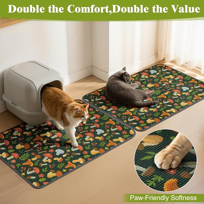 Unicorn Catcher 33X22in 2packCat Litter Mat Machine Washable Soft 3D Air Mesh Litter Box Rug Non-Slip Backing Quick Dry Scatter Control for Paws,Green Mushrooms - Image 4