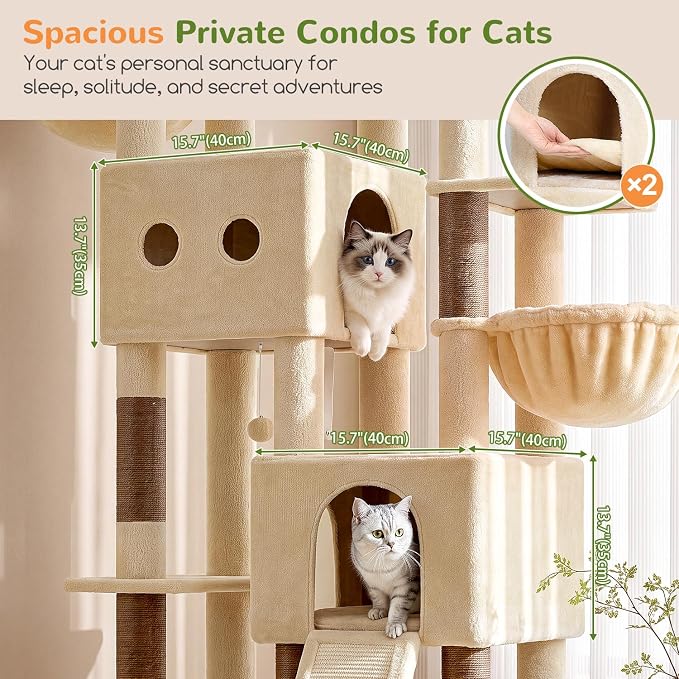 Globlazer Sturdy Cat Tower for Indoor Cats 20lbs, 76in, S76E, Beige | Heavy Duty Cat Tree for Adult Big Cats Maine Coon with Scratching Post, 2 Extra Large Top Perch, 2 Padded Cat Condos - Image 2