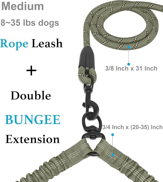 Double Dog Leash, 360° Swivel, No Tangle, Medium, Military Green | Dual Leash for Two Dogs, Split Leash, Shock-Absorbing Bungee, Padded Handle, Heavy-Duty Rope - Image 2