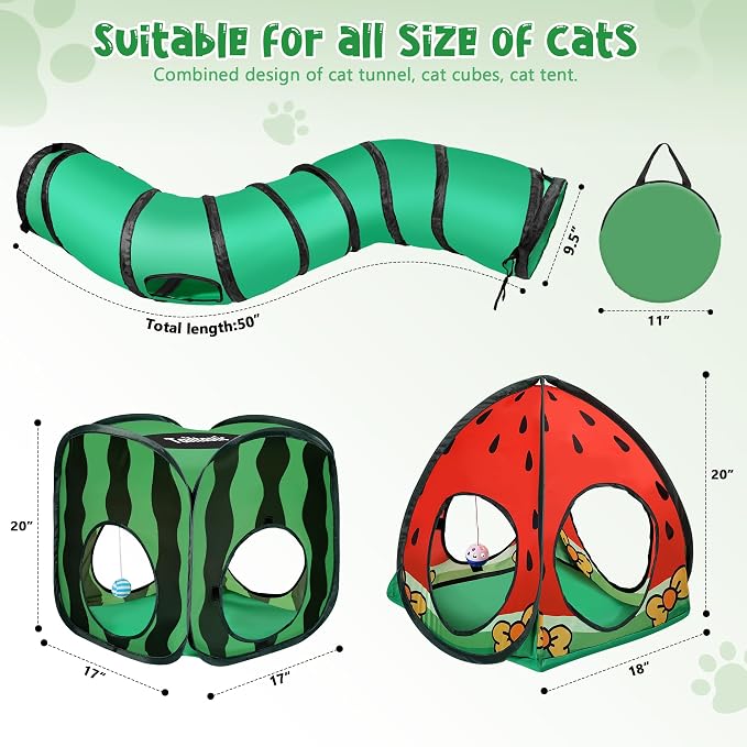 Tailtastic 3-in-1 Watermelon Cat Tunnel with Cube, Tent & Ball for Indoor | 3-way S-tunnel with hide & seek portals & balls, multi-cat cube,30-sec hook-and-loop assembly, foldable for easy storage - Image 3
