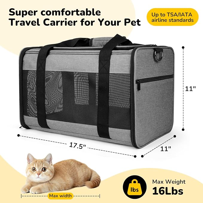 Hipubby Cat Carrier Dog Carrier for Pets Up to 16 Lbs, Soft-Sided Pet Travel Carrier for Cats and Small Dogs, Airline Approved Pet Carrying Case with Shoulder Strap & Removable Mat - Grey - Image 4