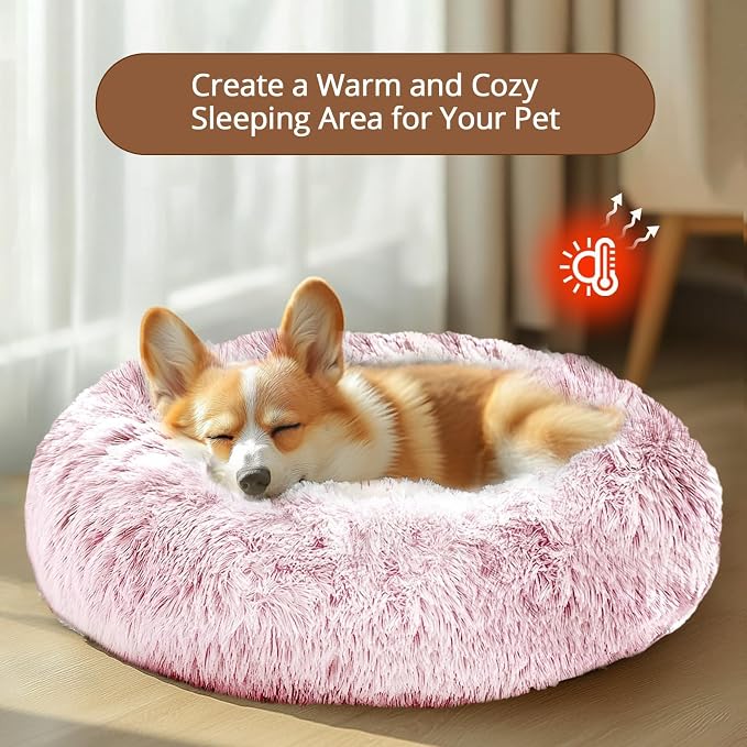 JOLLYVOGUE Calming Dog Bed Medium Size Dog, 31in Donut Washable Medium Pet Bed, Anti-Slip & Anti-Anxiety Fluffy Faux Fur Round Dogs Bed, Fits up to 45 lbs Pets (Smoke Pink) - Image 4