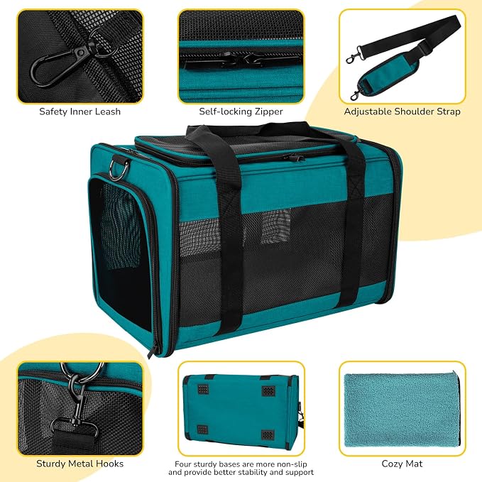 Hipubby Cat Carrier Dog Carrier for Pets Up to 16 Lbs, Soft-Sided Pet Travel Carrier for Cats and Small Dogs, Airline Approved Pet Carrying Case with Shoulder Strap & Removable Mat - Blue - Image 3