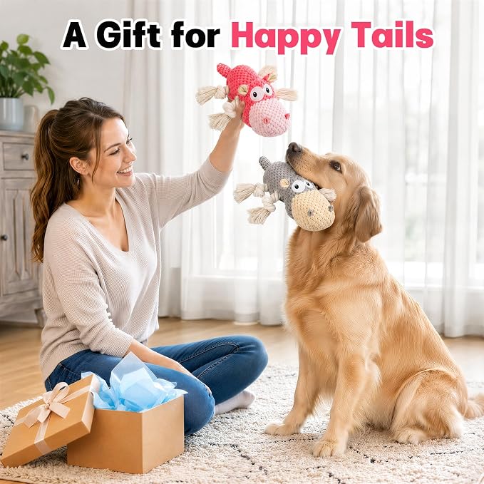 TOOPTATE 2-Pack Squeaky Hippo Dog Toys, Gray & Pink, Medium | Cute Plush Design, Rope Legs for Tugging, Helps Keep Dogs Busy, Suitable for Small, Medium, and Large Dogs - Image 6