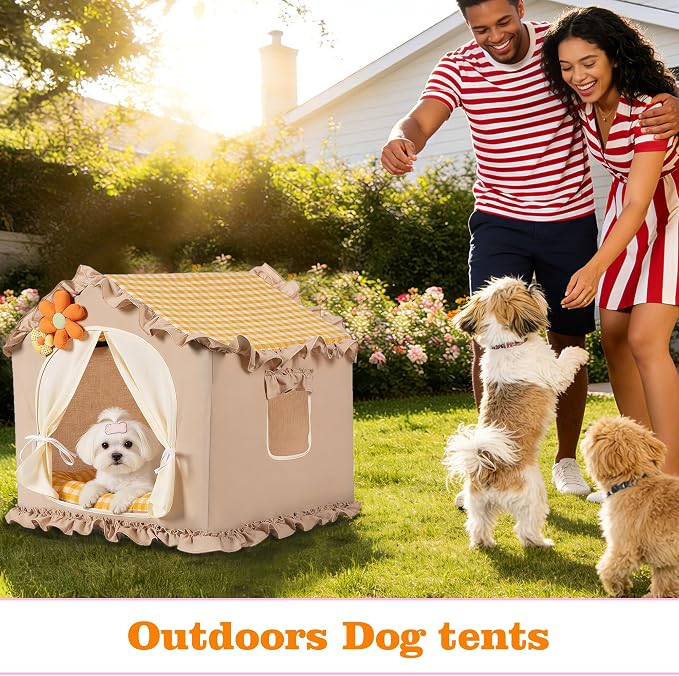 Yellow Indoor Cat House with Frame Foldable Breathable for Small Dog | Princess Style, Washable & Removable Cover, Dog House Indoor, Cute Cat Tent with Cover Cave,Medium:17"x17"x17" for 8-20 lb - Image 3