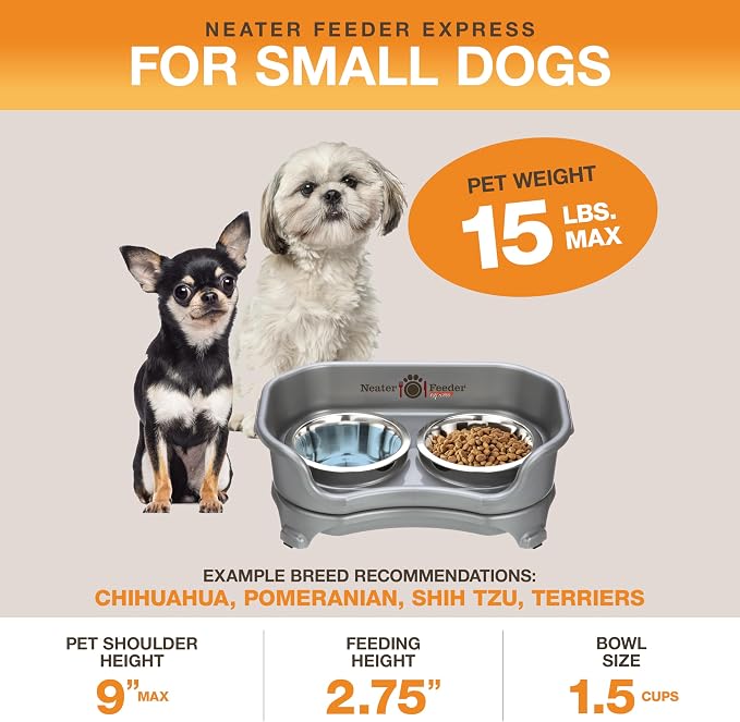 Neater Feeder Express Mess Proof Dog Bowls Elevated for Small Breeds Under 15 Lb, Made in USA, No Spill Raised Dog Food Bowl Stand, Stainless Steel Food and Water Bowl Set, Feeding Station, Grey - Image 2