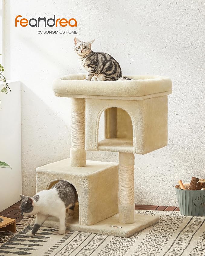 Feandrea Cat Tree, 33.1-Inch Cat Tower, Plush Condo for Large Cats up to 16 lb, Large Perch, 2 Caves, Scratching Post, Beige UPCT61M - Image 2